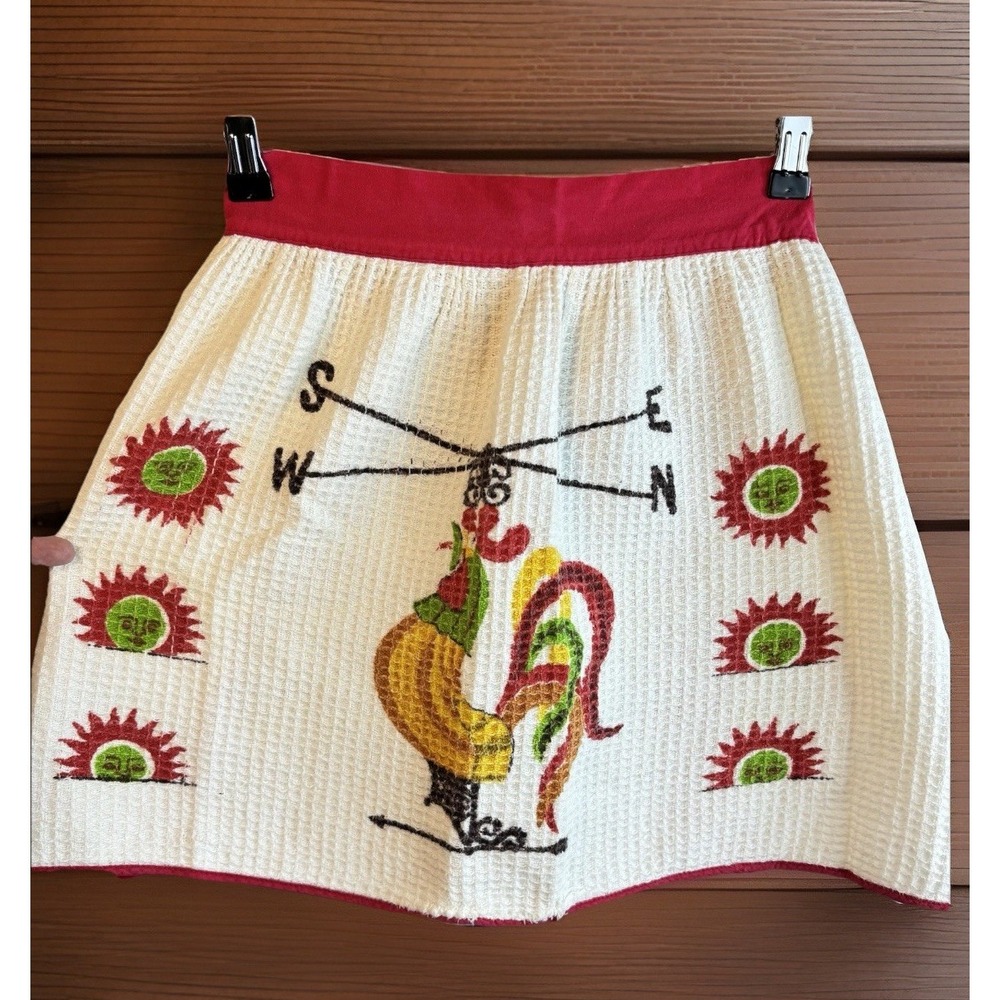 Vintage Handmade Weathervane Chicken Apron Tea-Towel Rooster Waffle Red